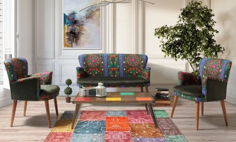 Etnik Desen Yeşil 2+1+1+Sehpalı Çay Seti (Balkon, Salon, Ofis, Cafe)
