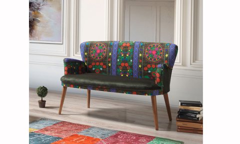 Etnik Desen Yeşil Çay Seti İkili Koltuk (Balkon, Salon, Cafe, Ofis)
