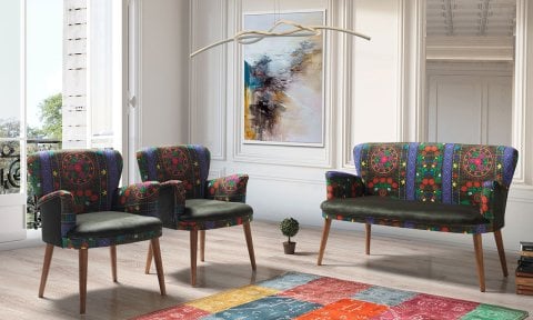 Etnik Desen Yeşil Çay Seti İkili Koltuk (Balkon, Salon, Cafe, Ofis)