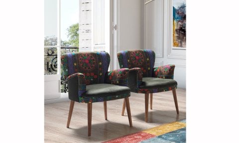 Etnik Desen Yeşil Çay Seti Tekli Koltuk, Berjer (Salon, Balkon, Cafe Ofis)