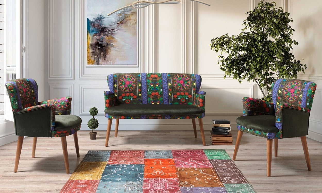 Etnik Desen Yeşil 2+1+1 Çay Seti (Balkon, Salon, Ofis, Cafe)