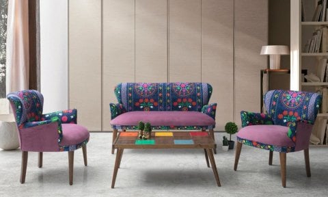 Etnik Desen Mor Çay Seti Tekli Koltuk, Berjer (Salon, Balkon, Cafe Ofis)