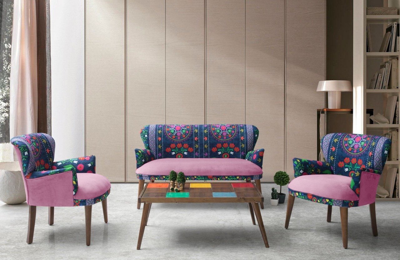 Etnik Desen Mor 2+1+1 Çay Seti (Balkon, Salon, Ofis, Cafe)