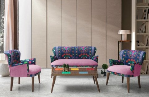 Etnik Desen Mor 2+1+1 Çay Seti (Balkon, Salon, Ofis, Cafe)