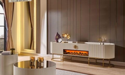 Guccix Ekru Şömineli Tv Sehpası