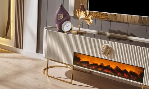 Guccix Ekru Şömineli Tv Sehpası