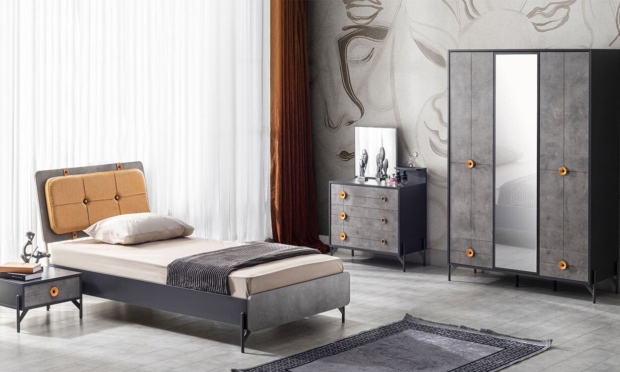 Prova Genç Odası Takımı (3 Kapılı Dolap, Komodin, 100*200 cm Başlıklı Karyola)